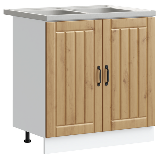 Armadio da cucina  'Lucca'con doppio lavello in rovere artigianale, legno ingegnerizzato