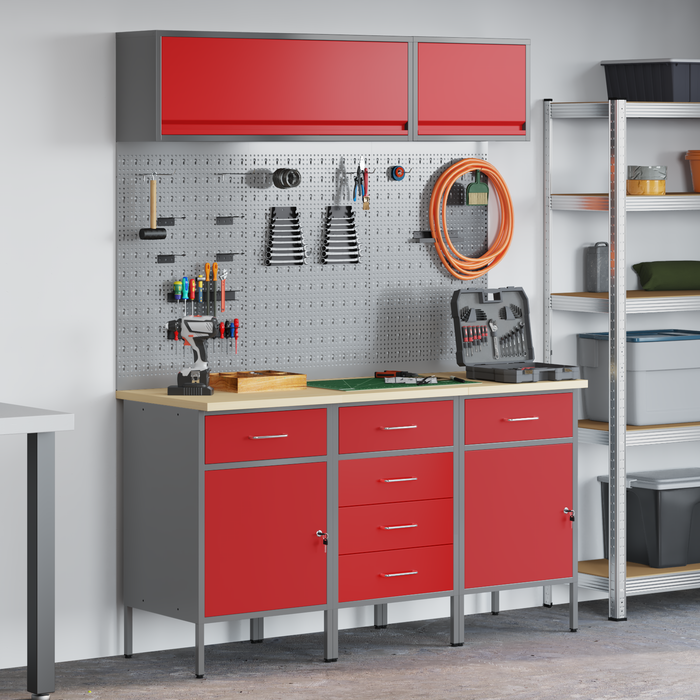 Set di Banchi da Lavoro 8 Pezzi in Acciaio Rosso