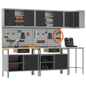 Set di Tavolo per Conservare Attrezzi da 10 Pezzi in Legno Ingegnerizzato e Metallo Nero