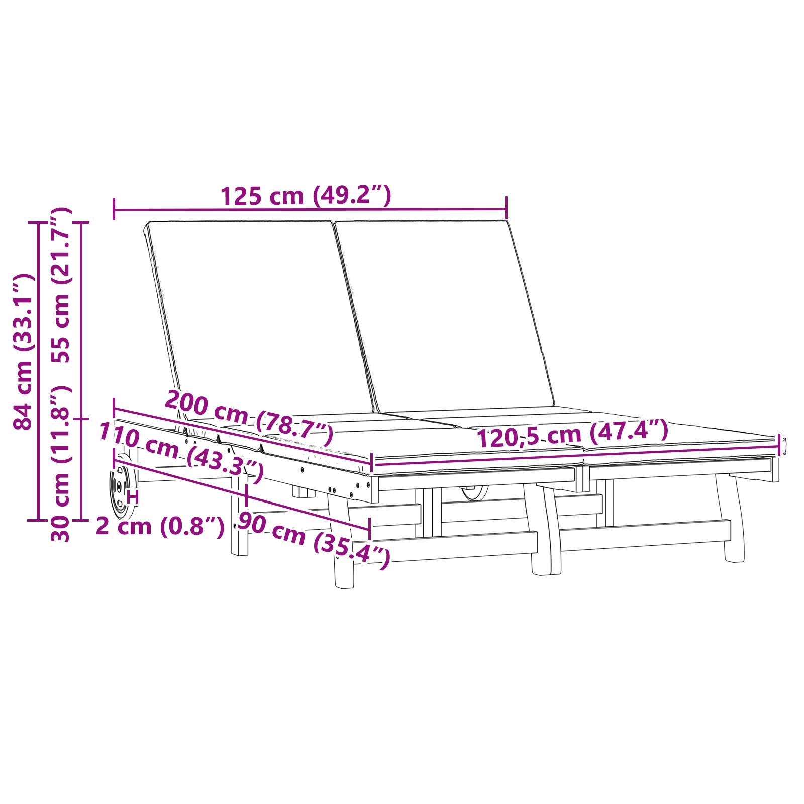 Lettino doppio con ruote e cuscino in legno di acacia