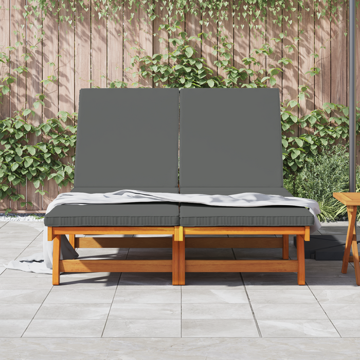 Lettino Doppio da Sole con Ruote e Cuscino in Legno Massello di Acacia