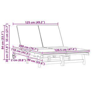 Letto Sole Doppio con Ruote e Cuscino in Legno Massiccio di Acacia