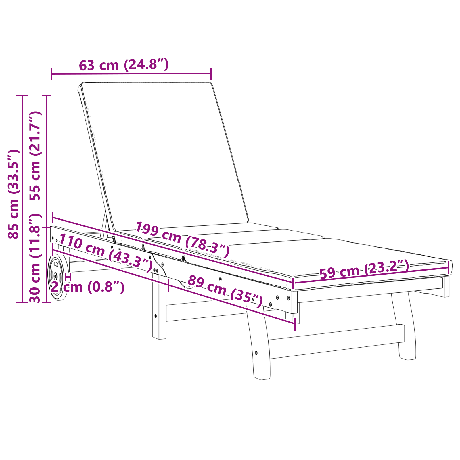Lettini prendisole 2 pz con ruote e cuscino in legno massello di acacia