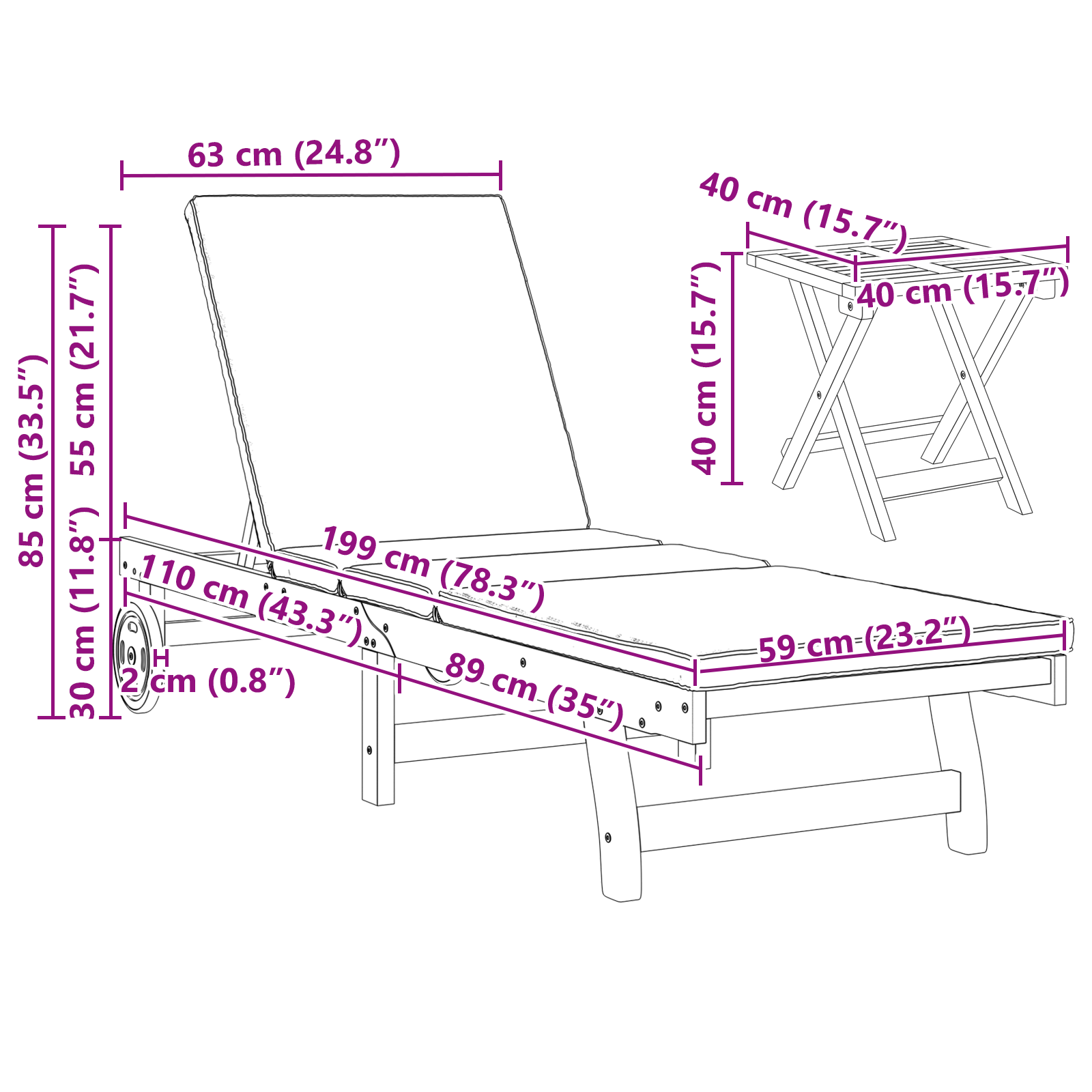Sdraio con Ruote  2 pz con Tavolo e Cuscino in Legno Massello d'Acacia