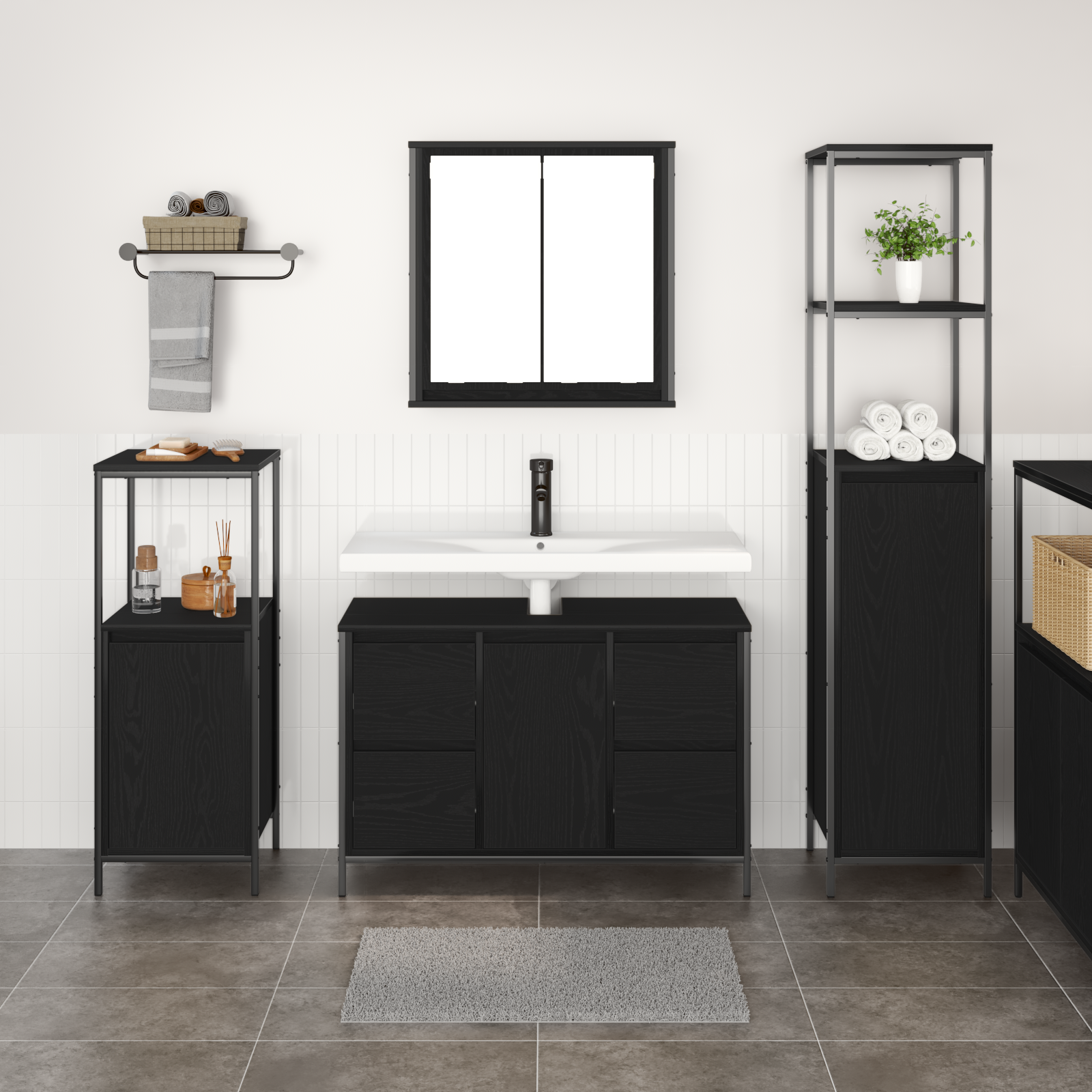 Set di mobili da bagno in 3 pezzi - Legno ingegnerizzato rovere nero