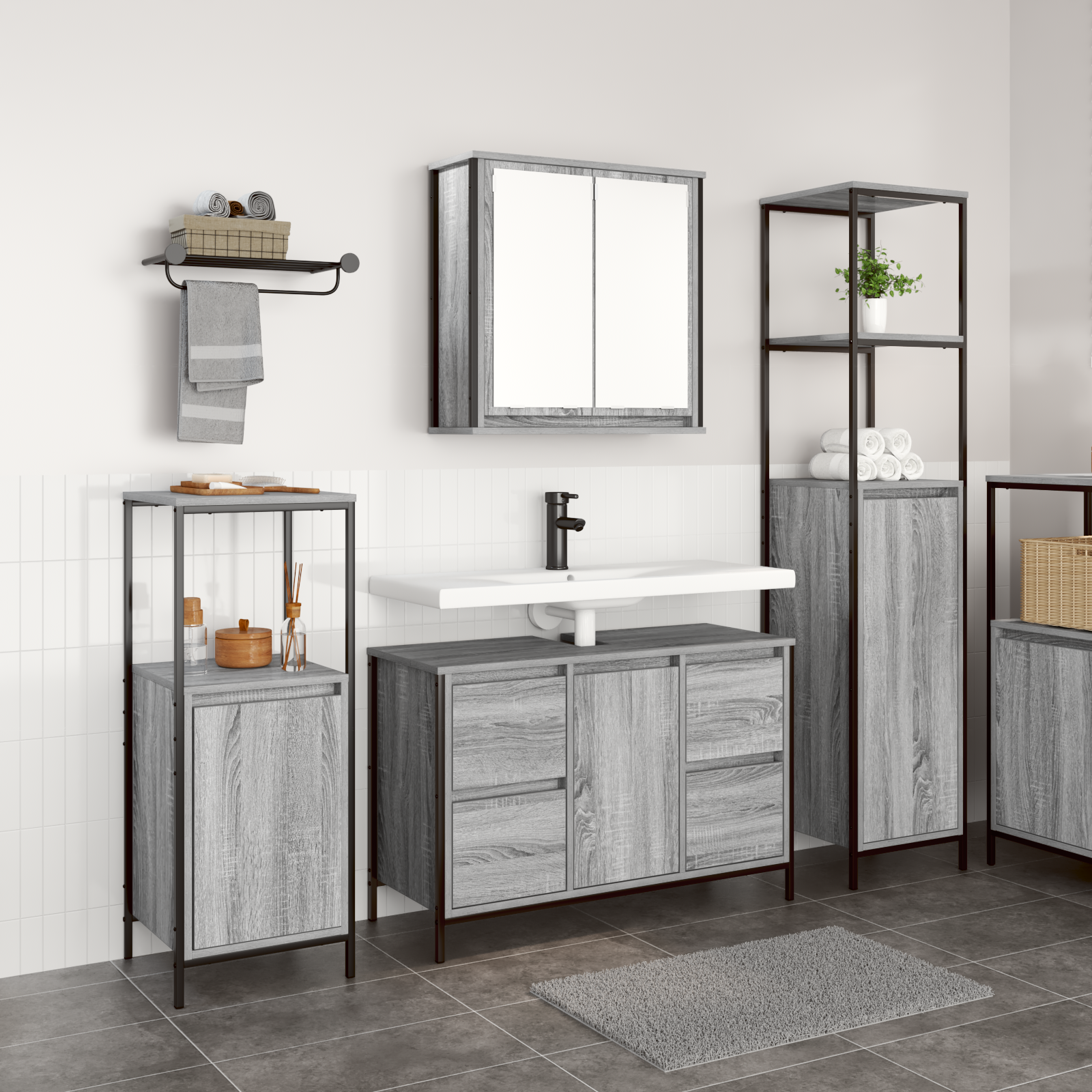 Set di mobili da bagno in legno ingegnerizzato grigio sonoma