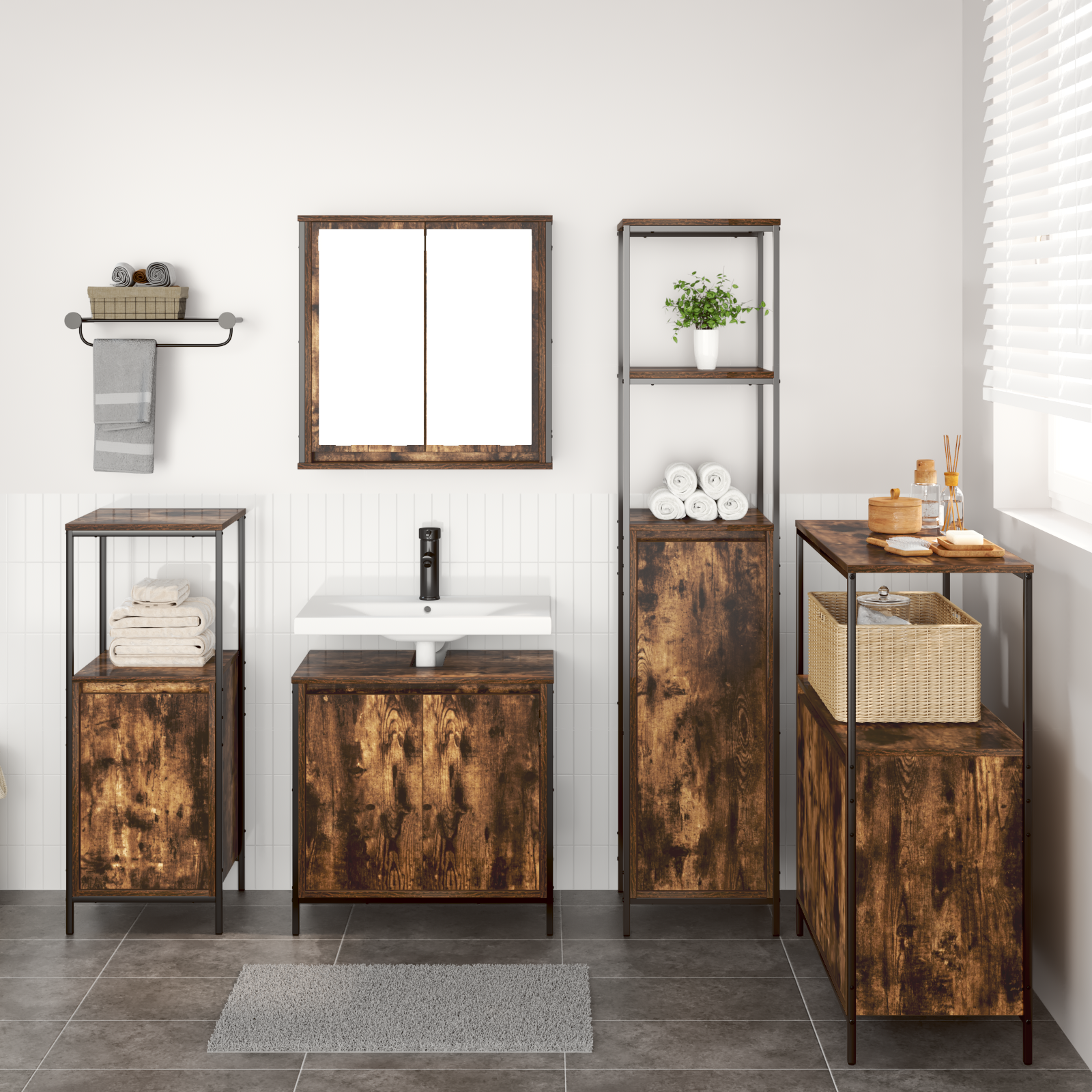 Set di mobili da bagno in rovere affumicato - 5 pezzi