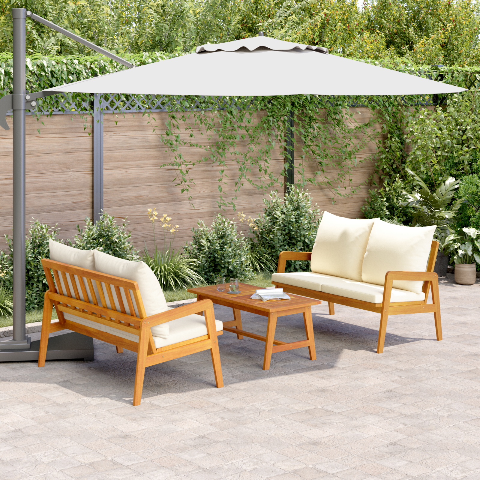 Set Bistro 3 Pezzi con Cuscini in Legno Massello di Acacia