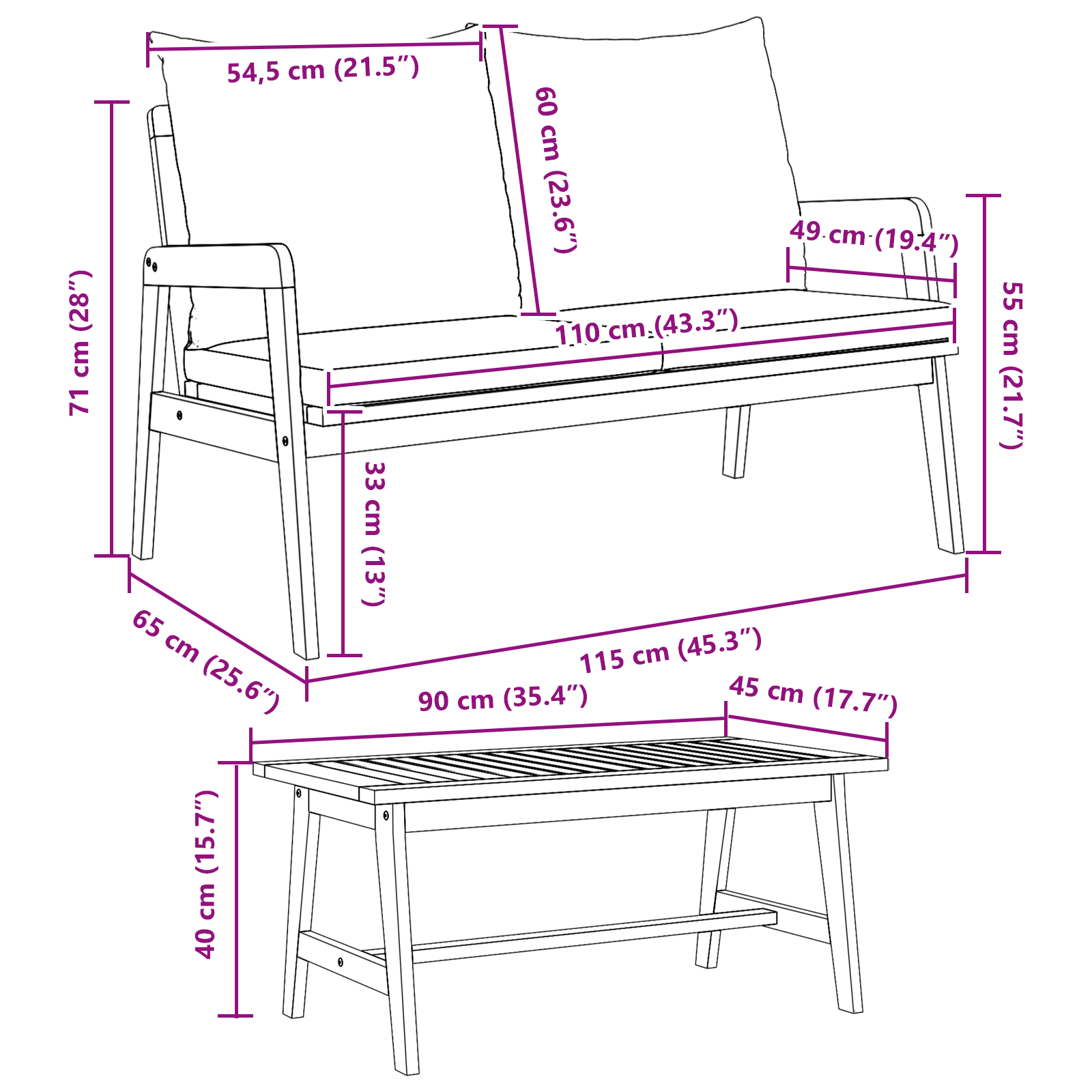 Set Bistro 3 Pezzi con Cuscini in Legno Massello di Acacia