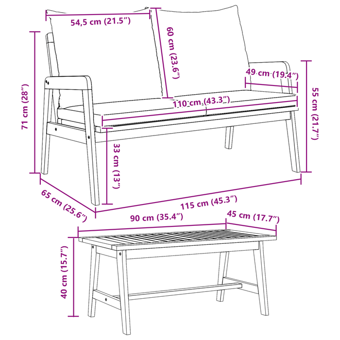 Set Bistro 3 Pezzi con Cuscini in Legno Massello di Acacia