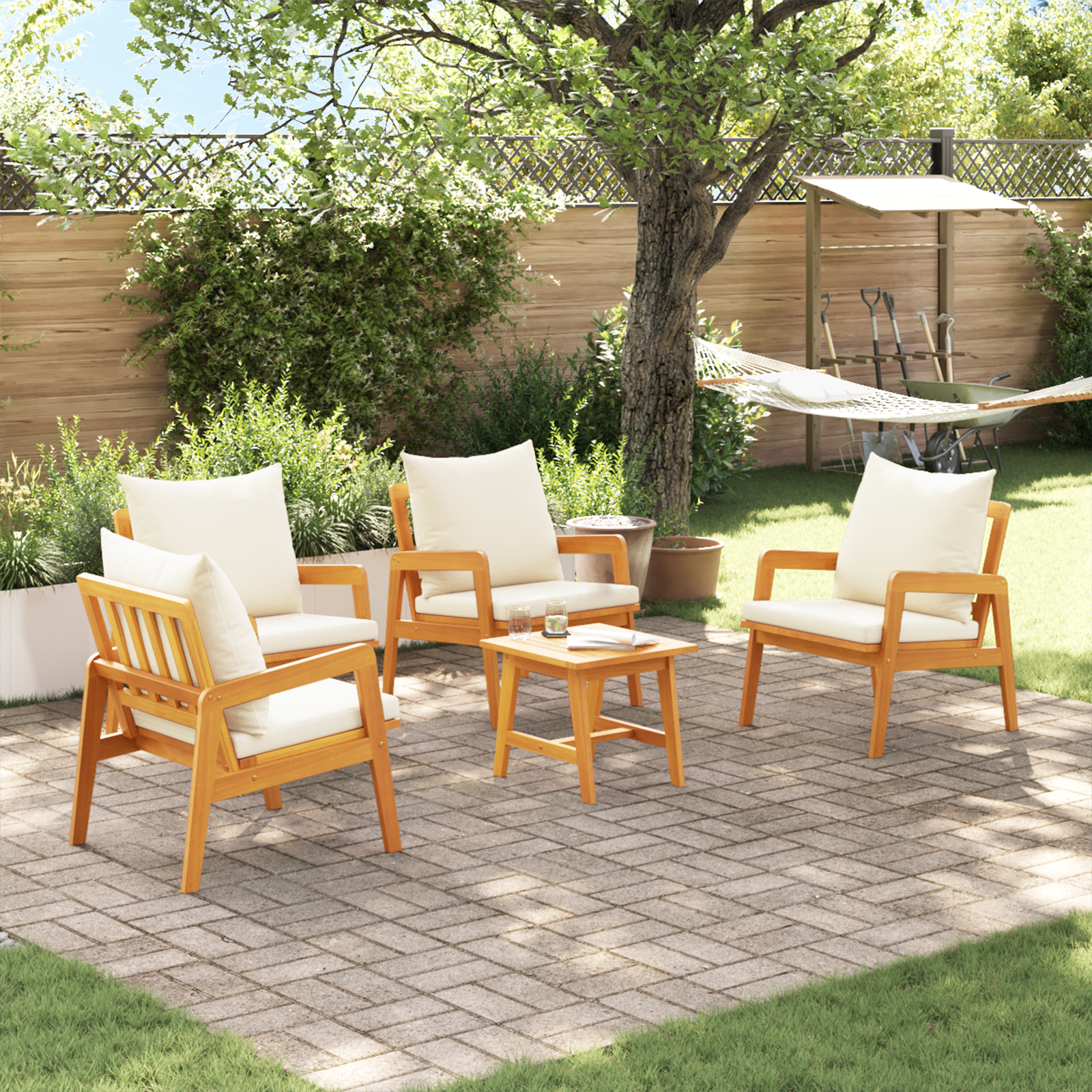Set Bistro da 5 Pezzi con Cuscini in Legno Massello di Acacia