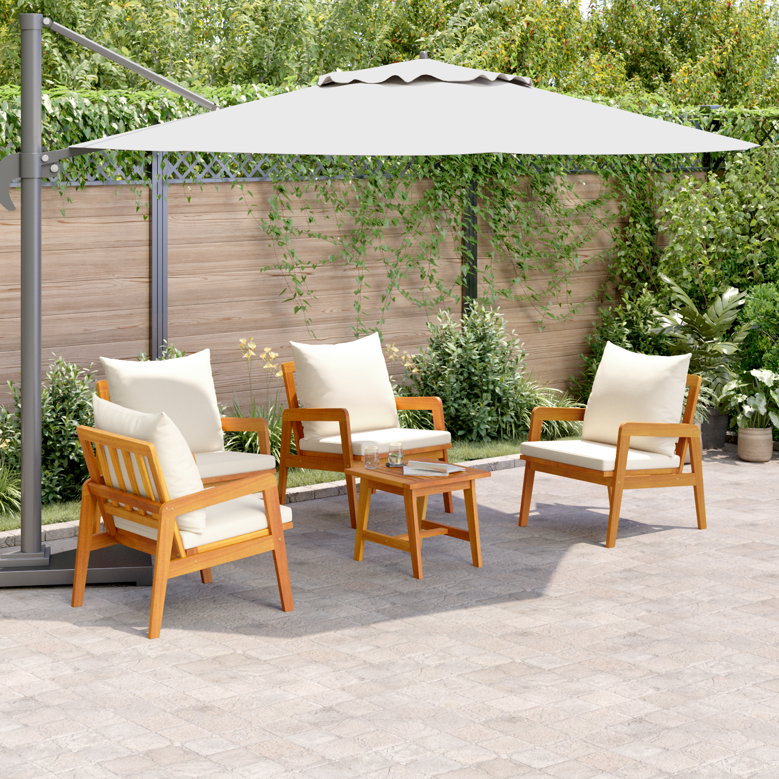 Set Bistro da 5 Pezzi con Cuscini in Legno Massello di Acacia