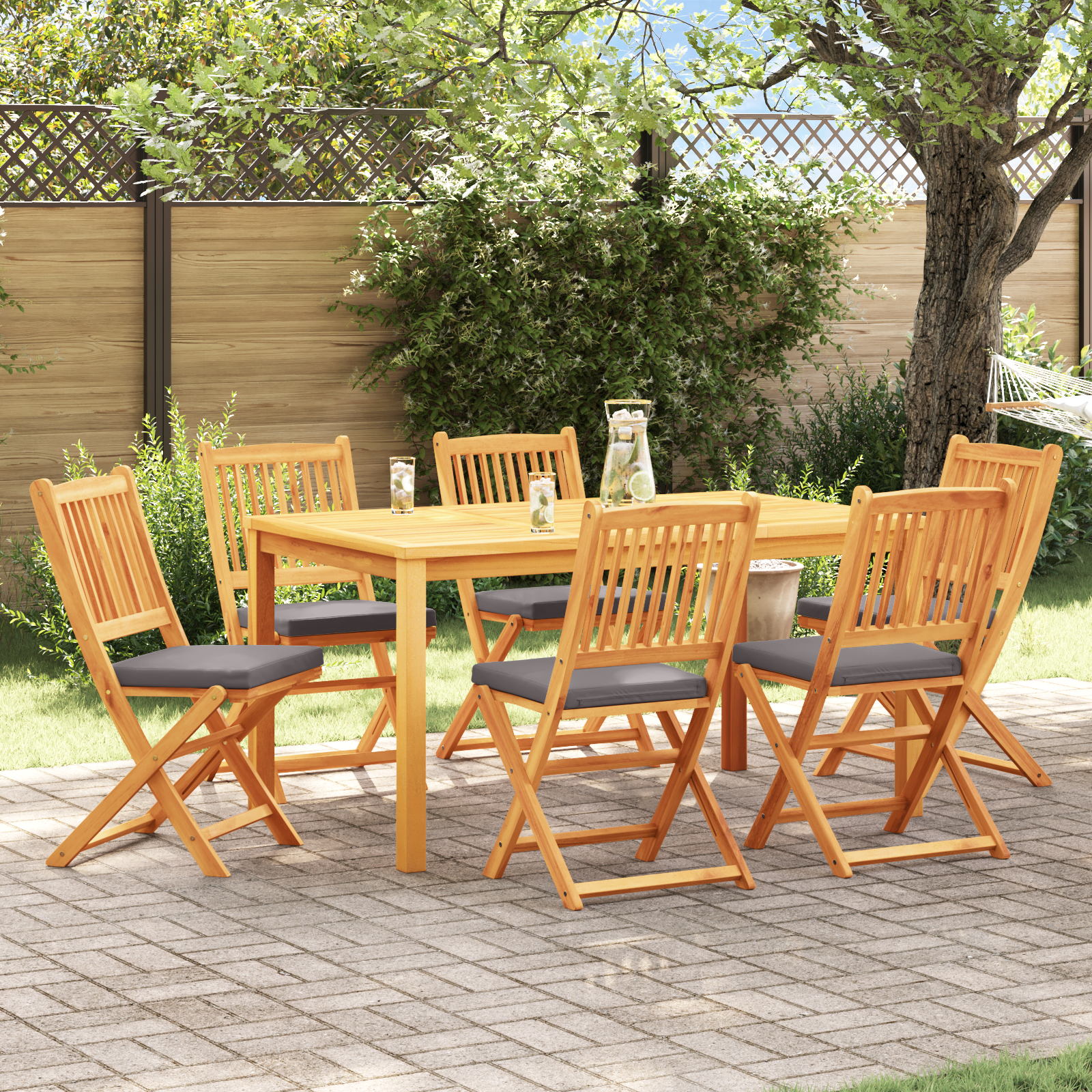 Sedia da Giardino Pieghevole  con Cuscino Grigio 6pcs in Legno Massello di Acacia