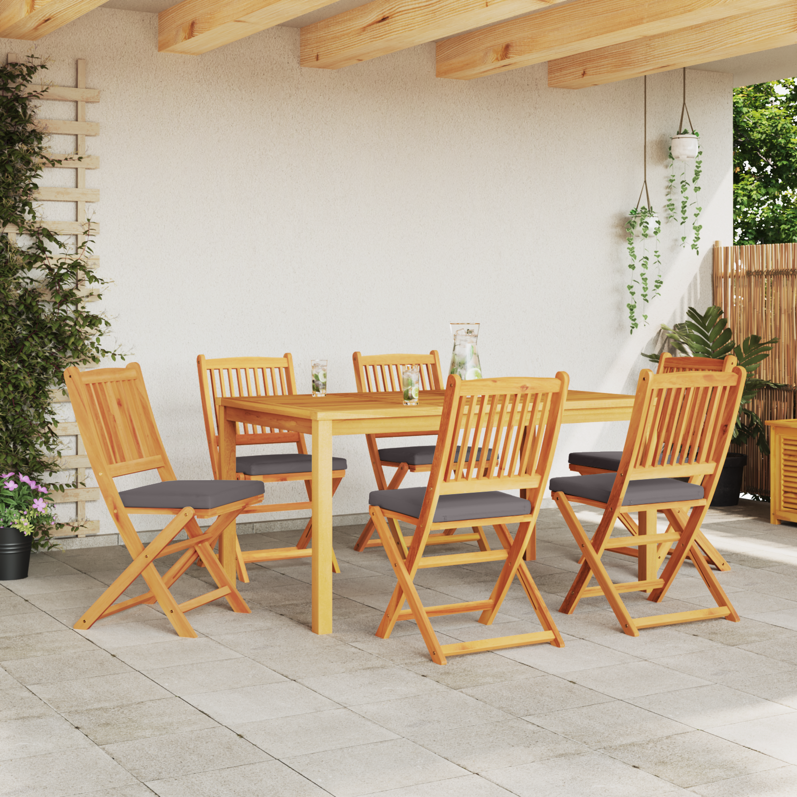Sedia da Giardino Pieghevole  con Cuscino Grigio 6pcs in Legno Massello di Acacia