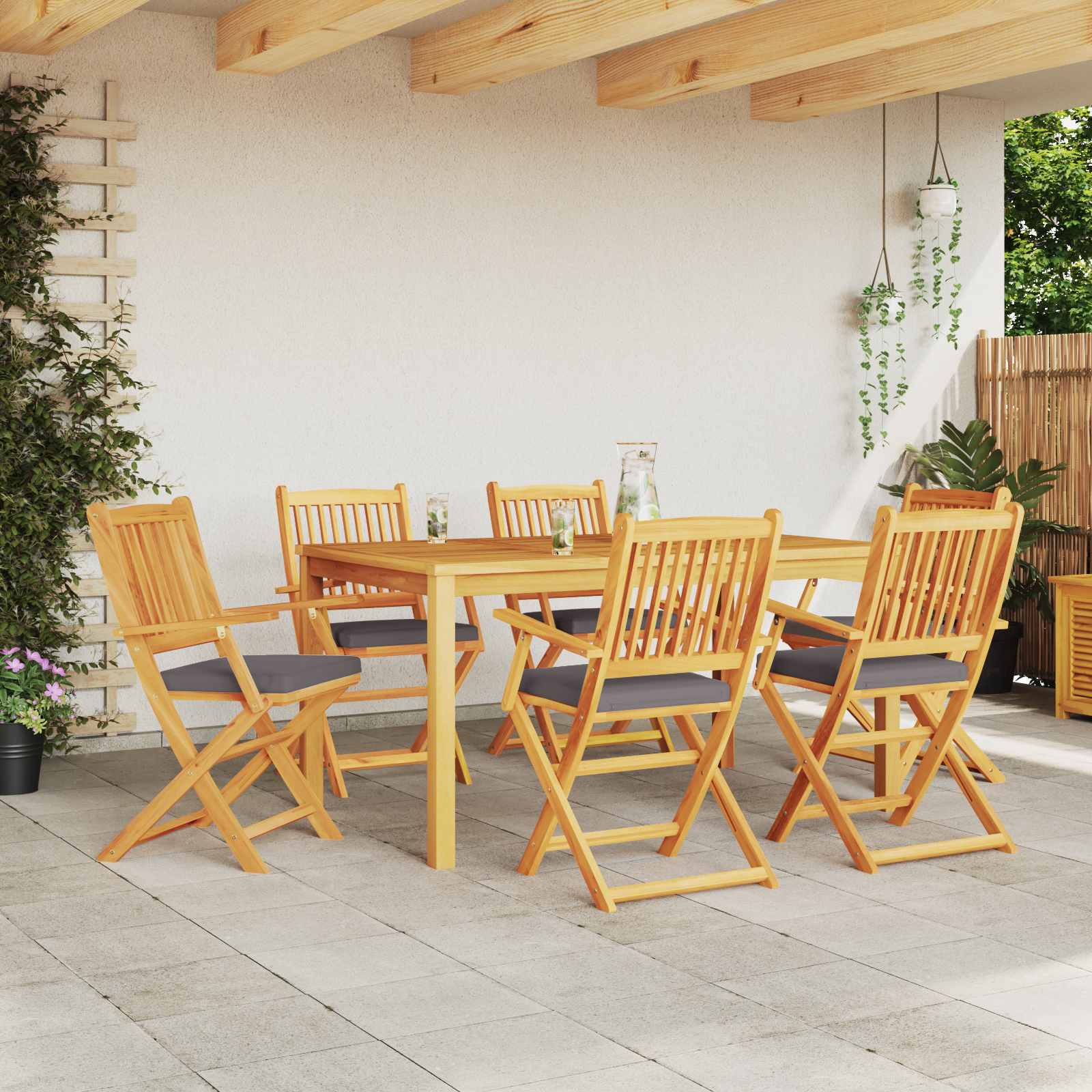 Sedia da Giardino Pieghevole  con Cuscino Grigio 6pz in Legno Massello di Acacia