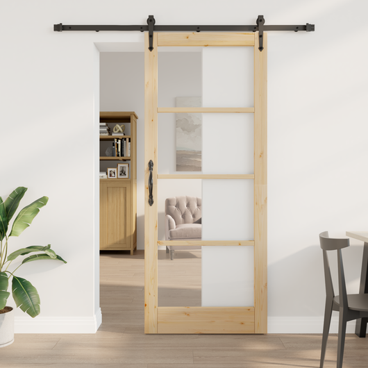 Porta Scorrevole  con Set di Ferramenta 86x211 cm Legno Massello di Pino