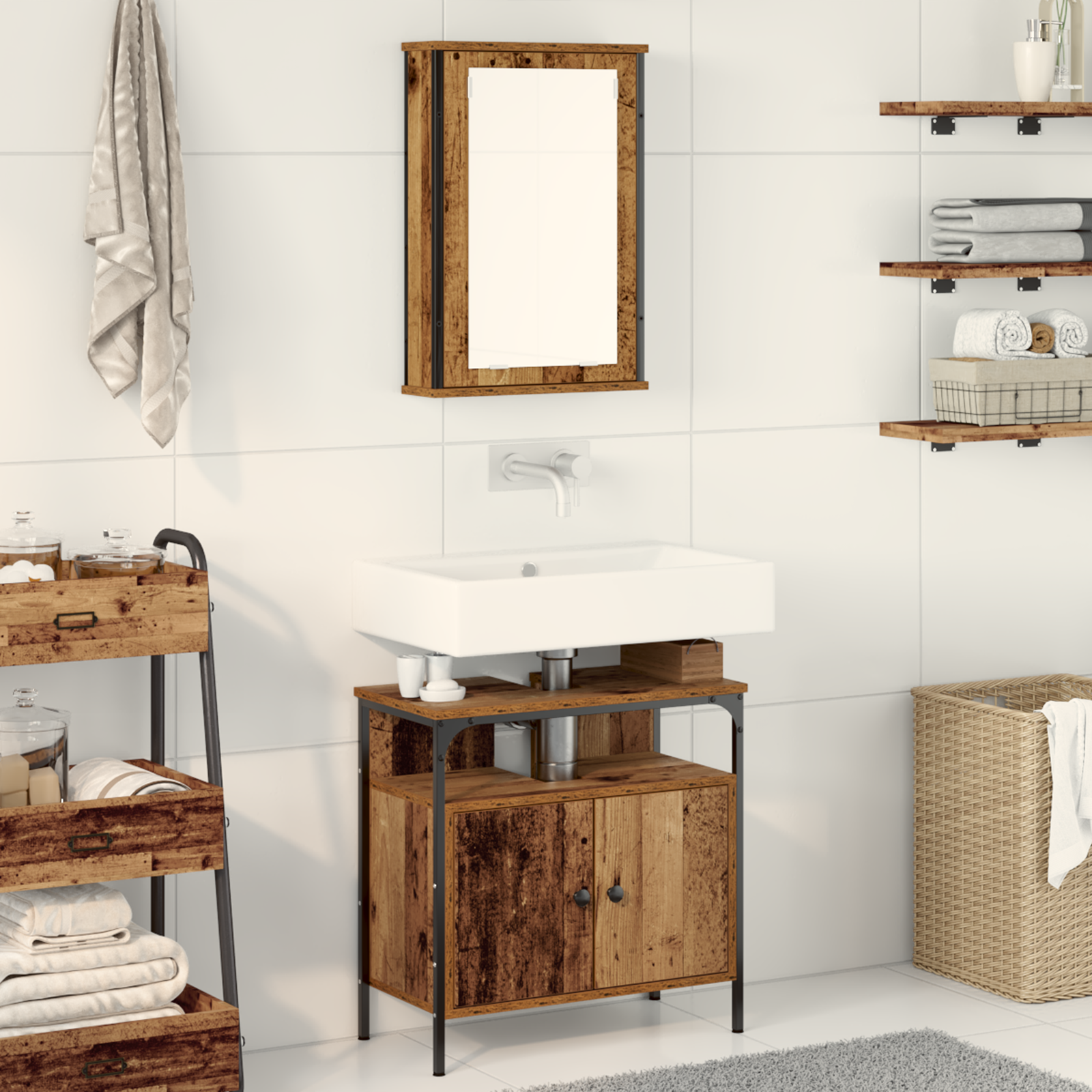 Set di mobili per bagno 2 pezzi in legno anticato in legno ingegnerizzato