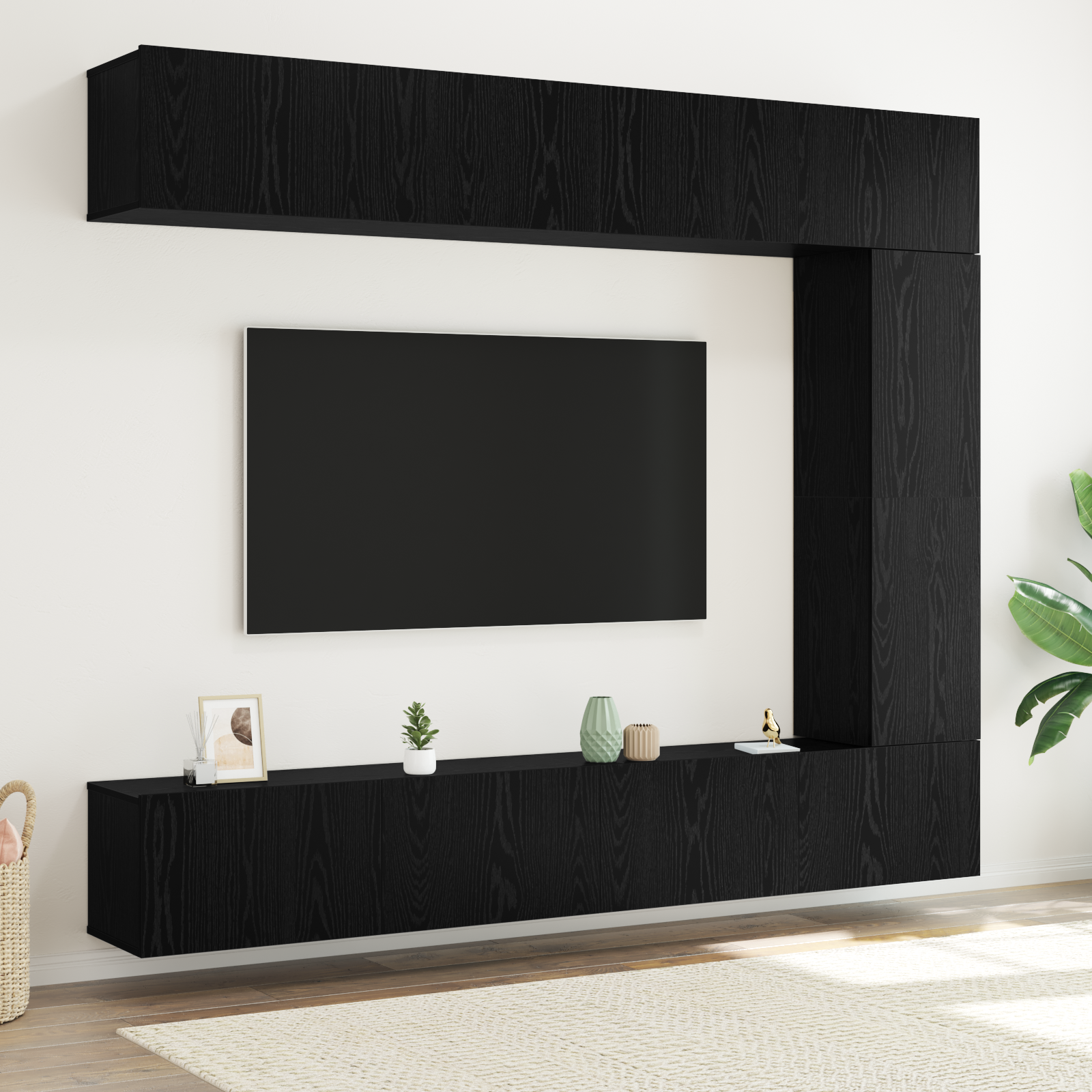Set di mobili TV da 5 pezzi a parete in rovere nero in legno ingegnerizzato