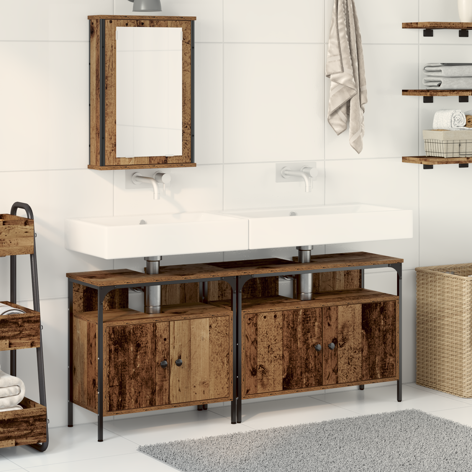 Mobile da bagno con lavabo integrato in legno antico