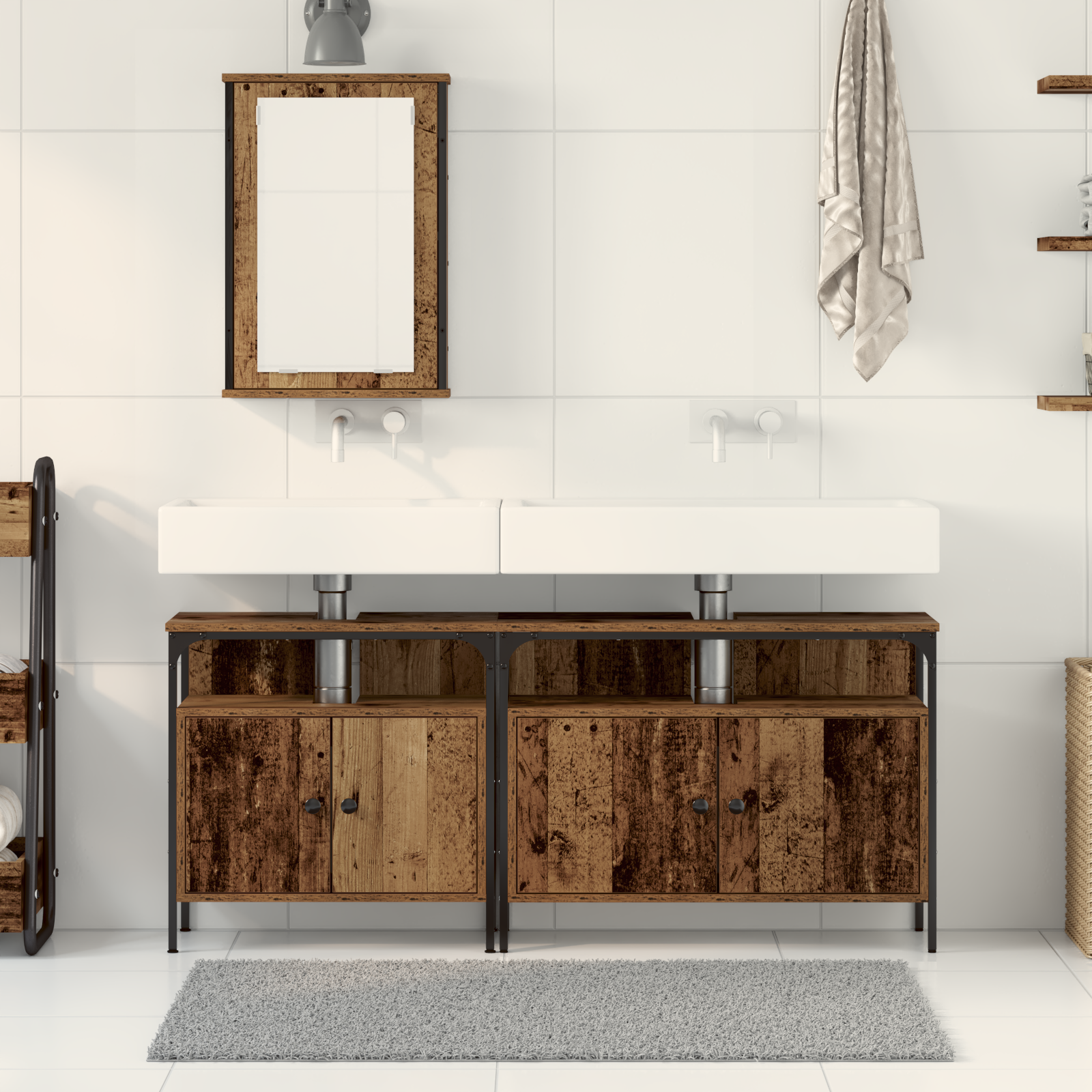 Mobile da bagno con lavabo integrato in legno antico