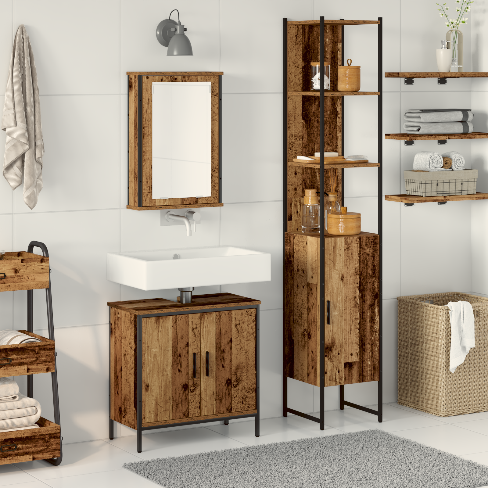 Set Mobili Bagno 3 Pezzi Legno Vecchio Ingegnato