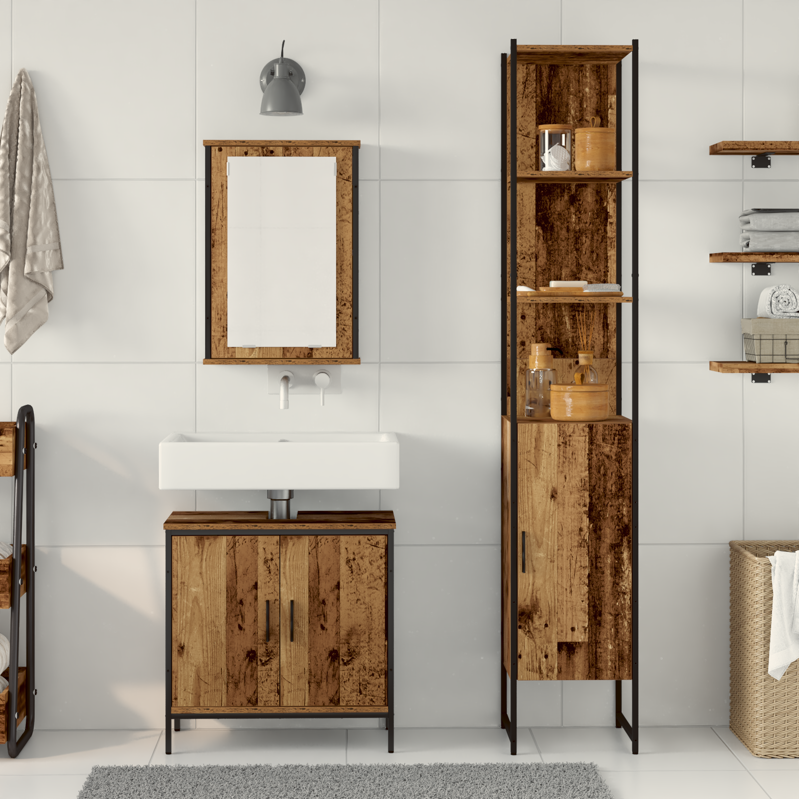 Set Mobili Bagno 3 Pezzi Legno Vecchio Ingegnato
