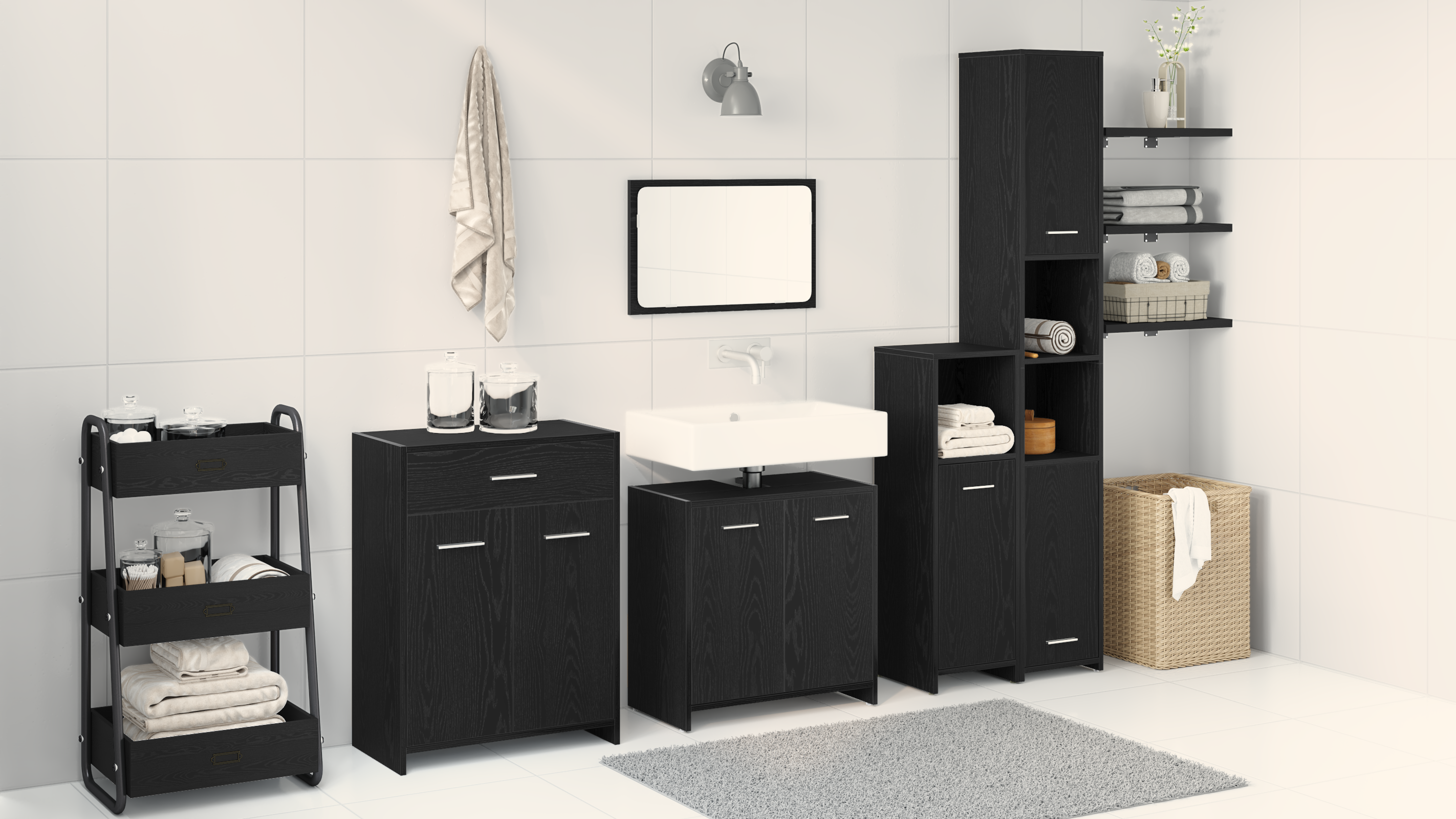 Set di Mobili per Bagno  4 Pezzi Rovere Nero Legno ingegnerizzato