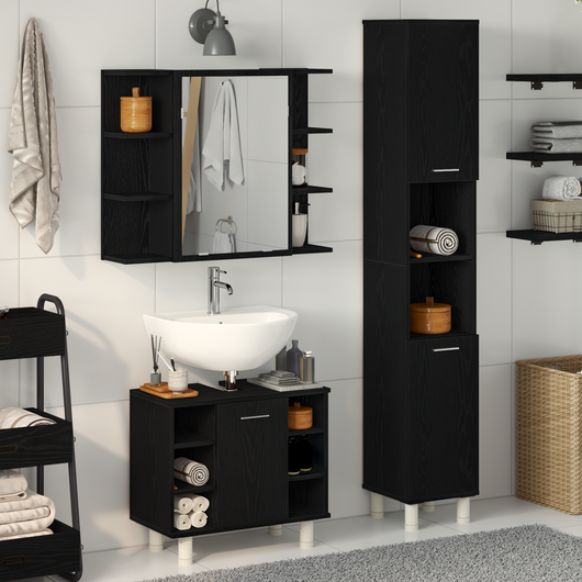 Set di Mobili per Bagno 3 Pezzi Rovere Nero Legno Ingegnerizzato