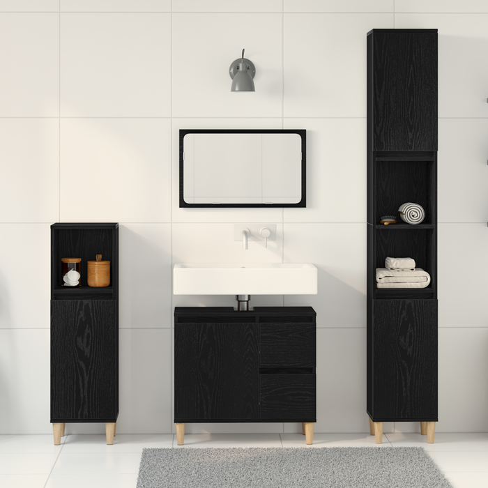 Set di armadietti per il bagno 3 Pezzi Rovere Nero Legno Ing.