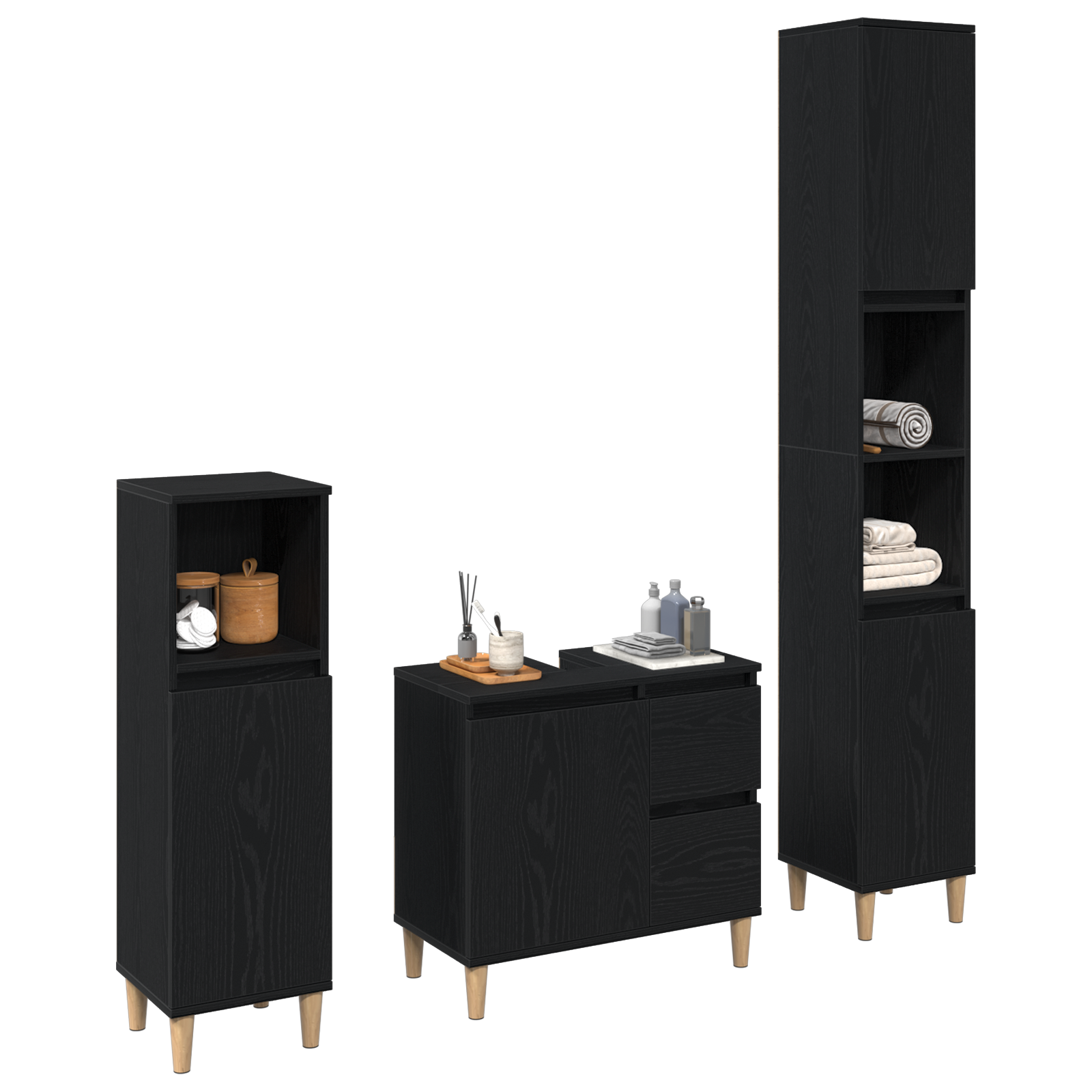 Set di armadietti per il bagno 3 Pezzi Rovere Nero Legno Ing.