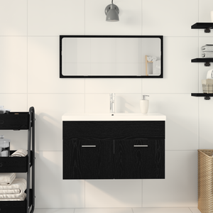 Mobile con Lavabo da Bagno con Bacino Integrato Rovere Nero Legno Ingegnerizzato