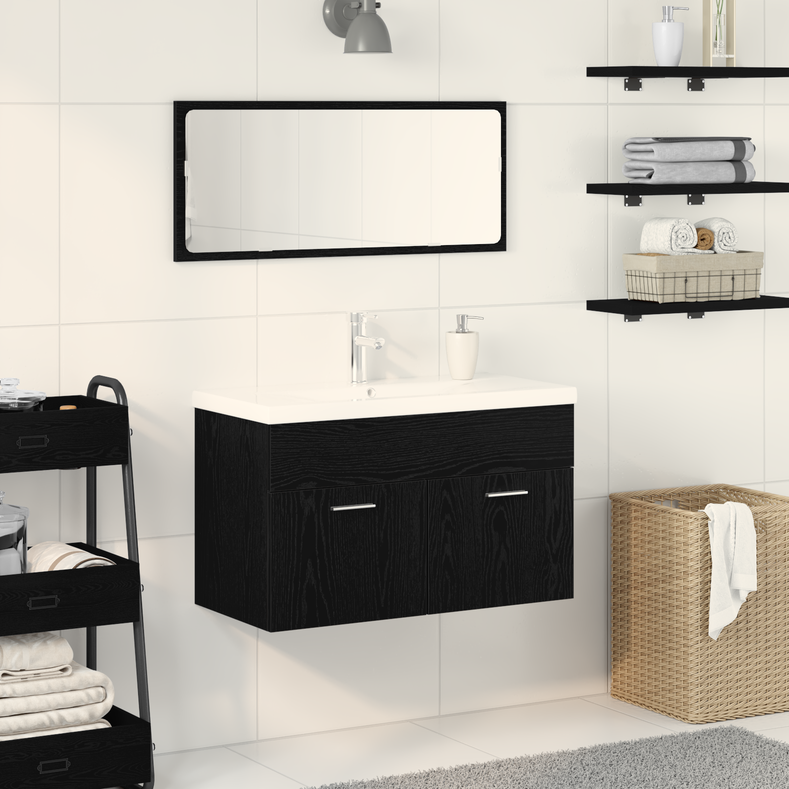 Mobile Lavabo da Bagno con Lavabo Integrato Rovere Nero Legno Ingegnerizzato