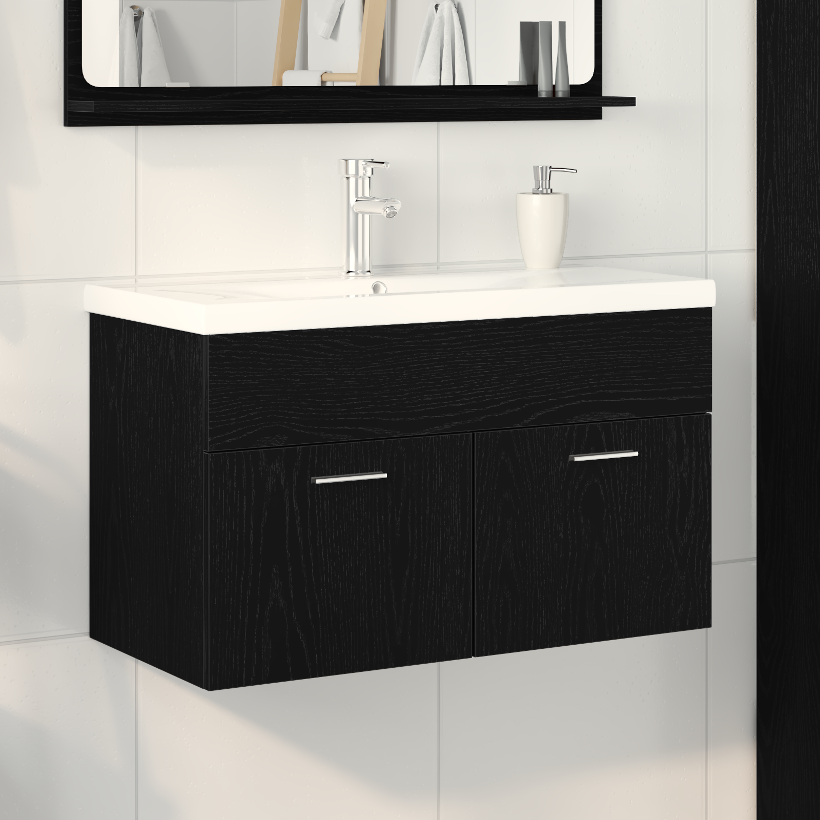 Mobile Lavabo con Lavabo Integrato Rovere Nero Legno Ingegnerizzato