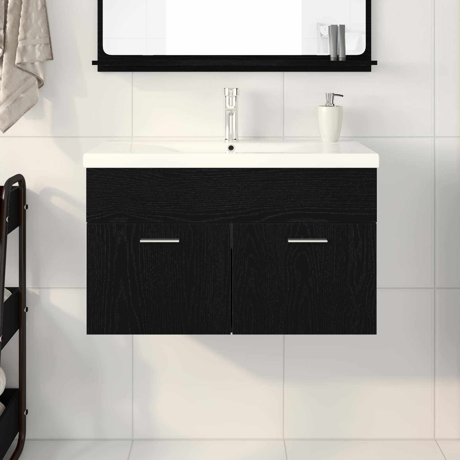 Mobile Lavabo con Lavabo Integrato Rovere Nero Legno Ingegnerizzato