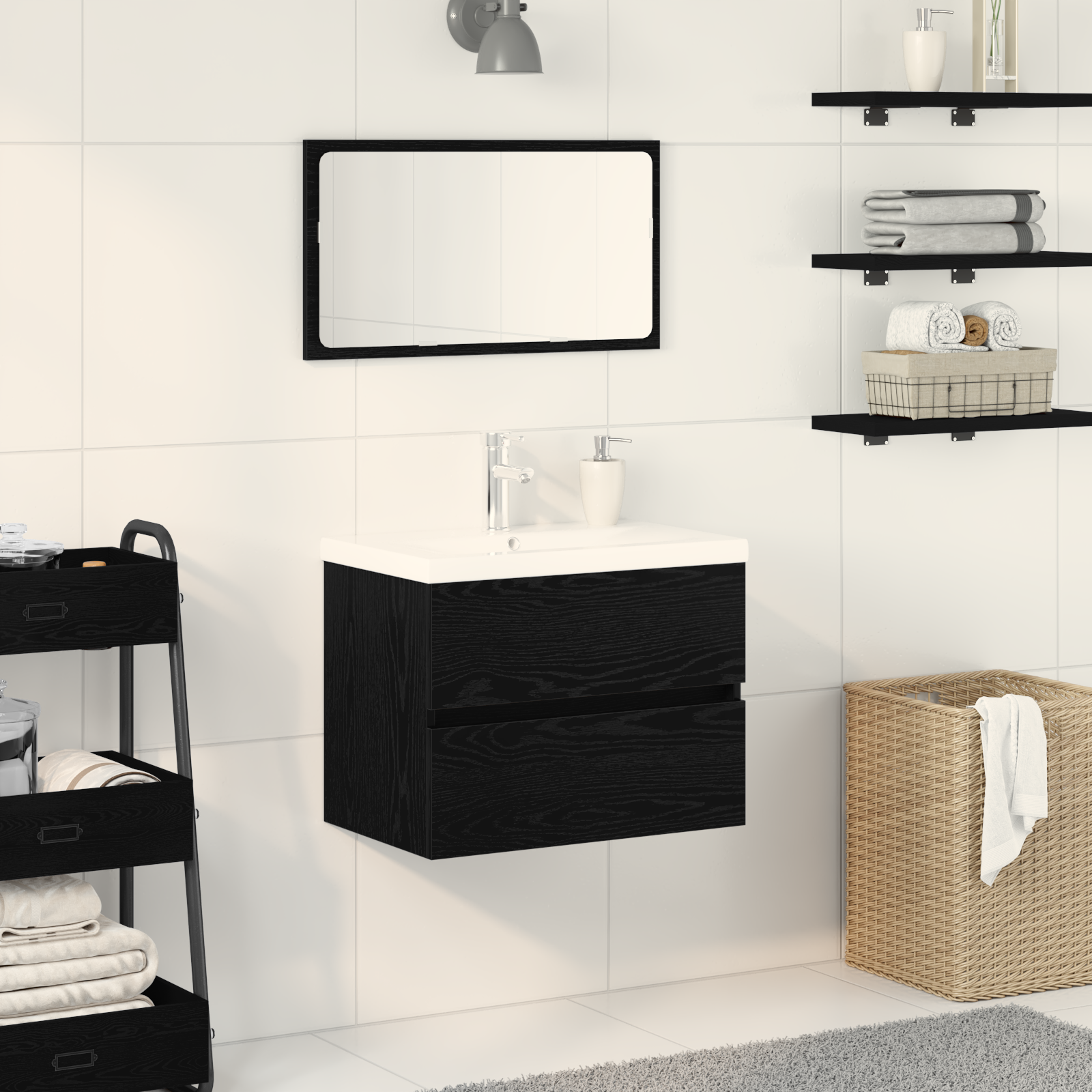 Mobile Lavabo  con Lavabo Integrato Rovere Nero Legno Ingegnerizzato