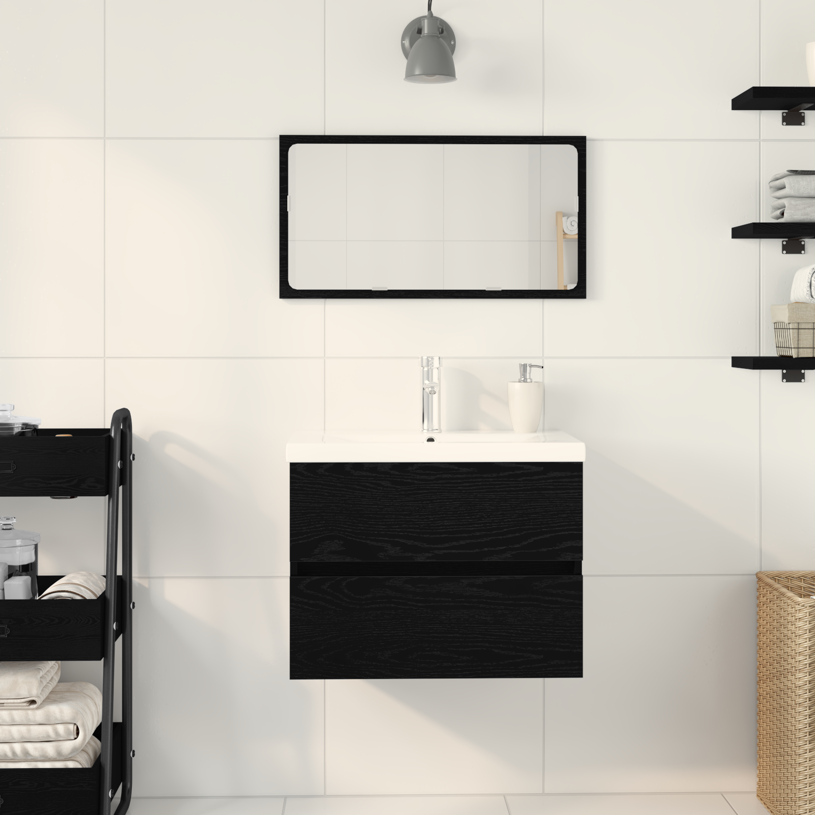 Mobile Lavabo  con Lavabo Integrato Rovere Nero Legno Ingegnerizzato