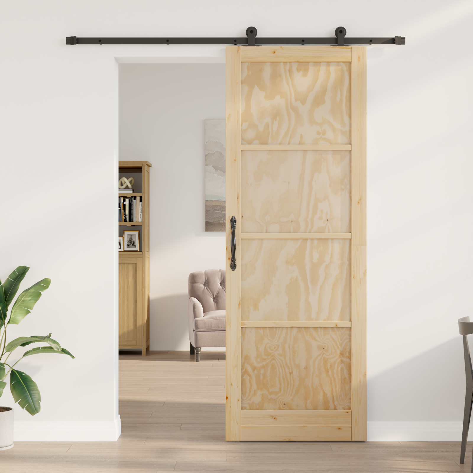 Porta scorrevole  con set hardware 83x232 cm Legno massello Pino