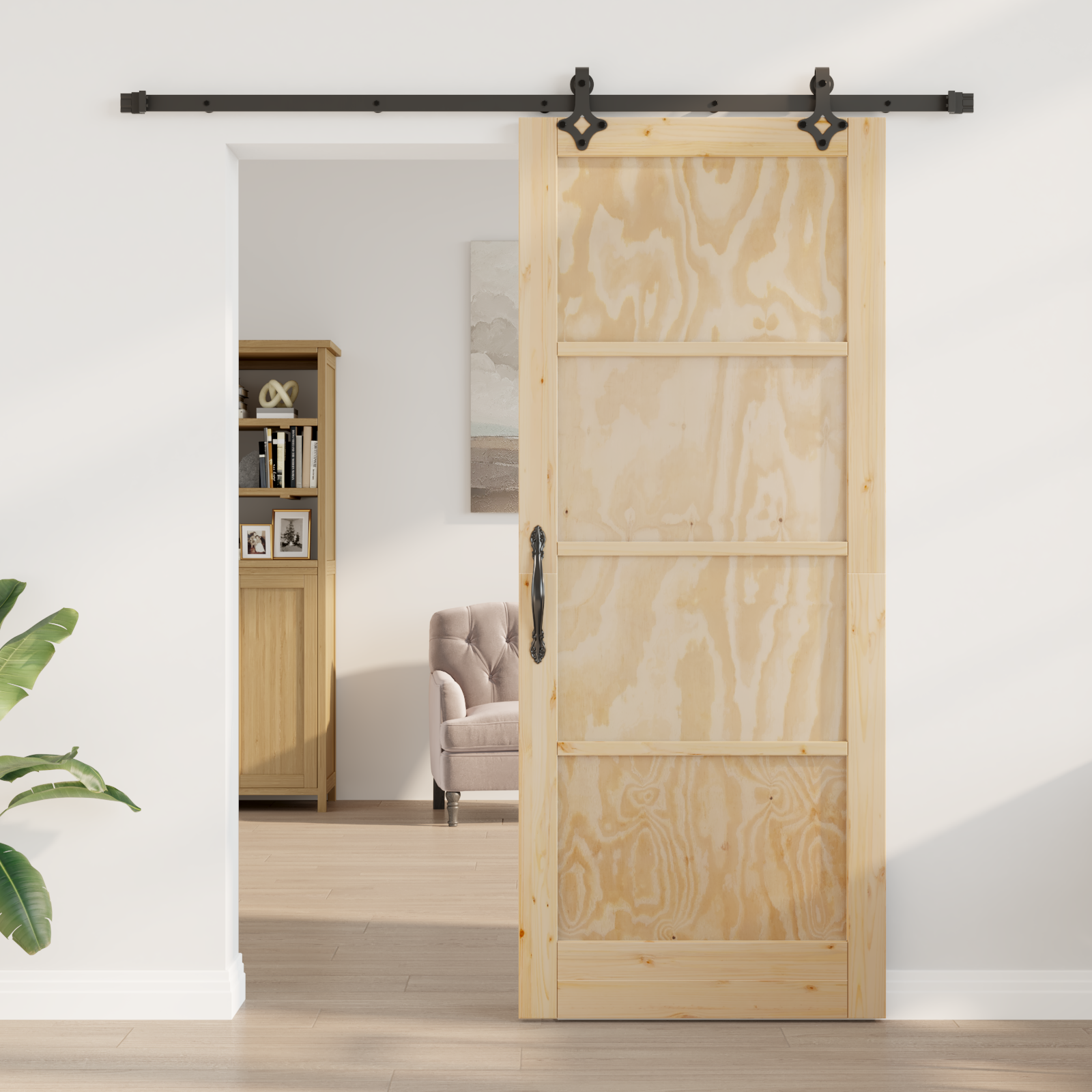 Porta scorrevole  con kit hardware 86x211 cm in legno massello di pino