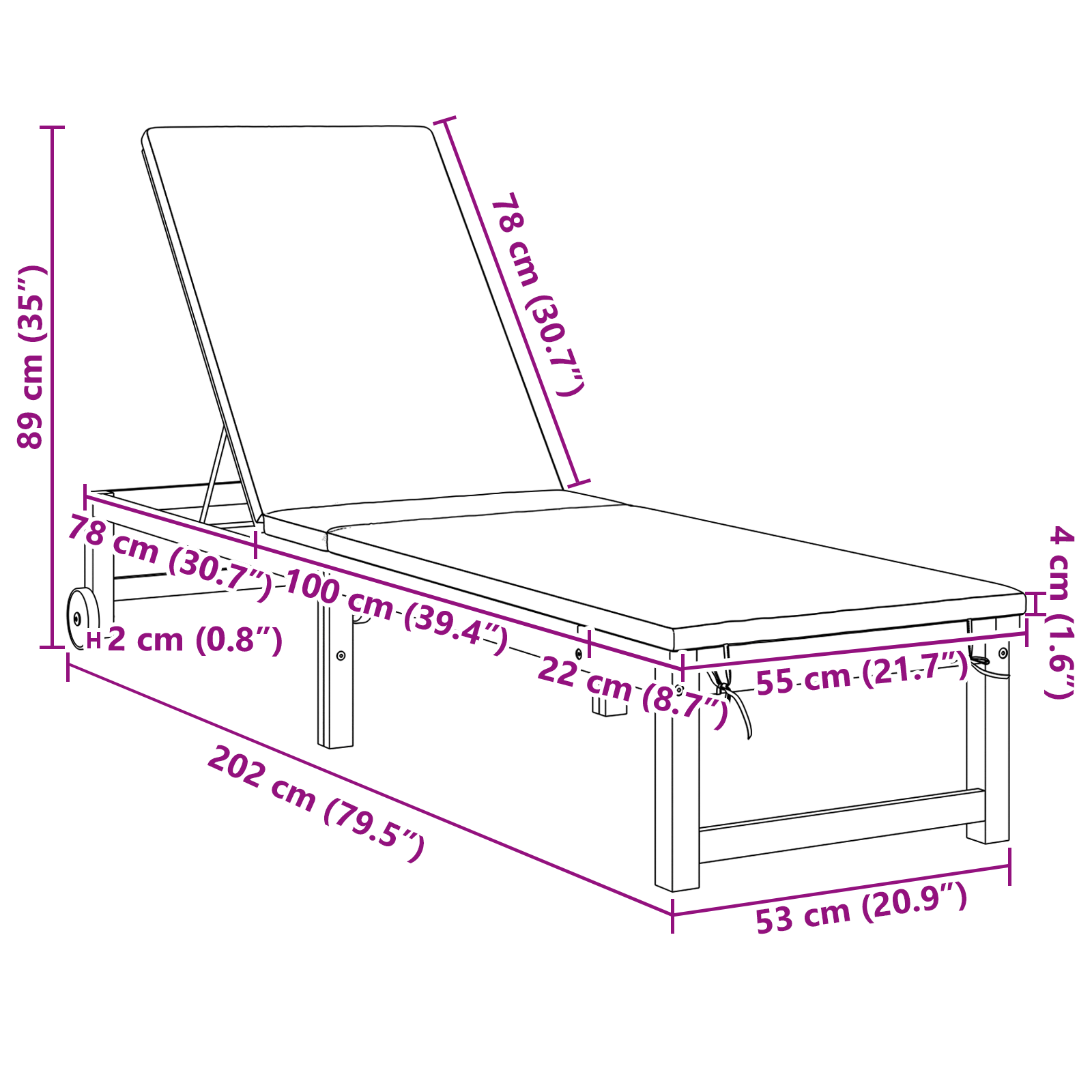 Lettini da sole 2 pz con cuscini in legno massello di acacia
