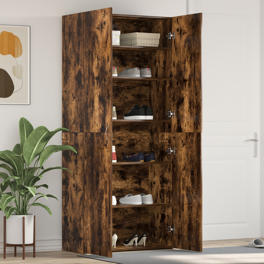 Cabinet per scarpe in rovere affumicato 80x35,5x180 cm in legno ingegnerizzato