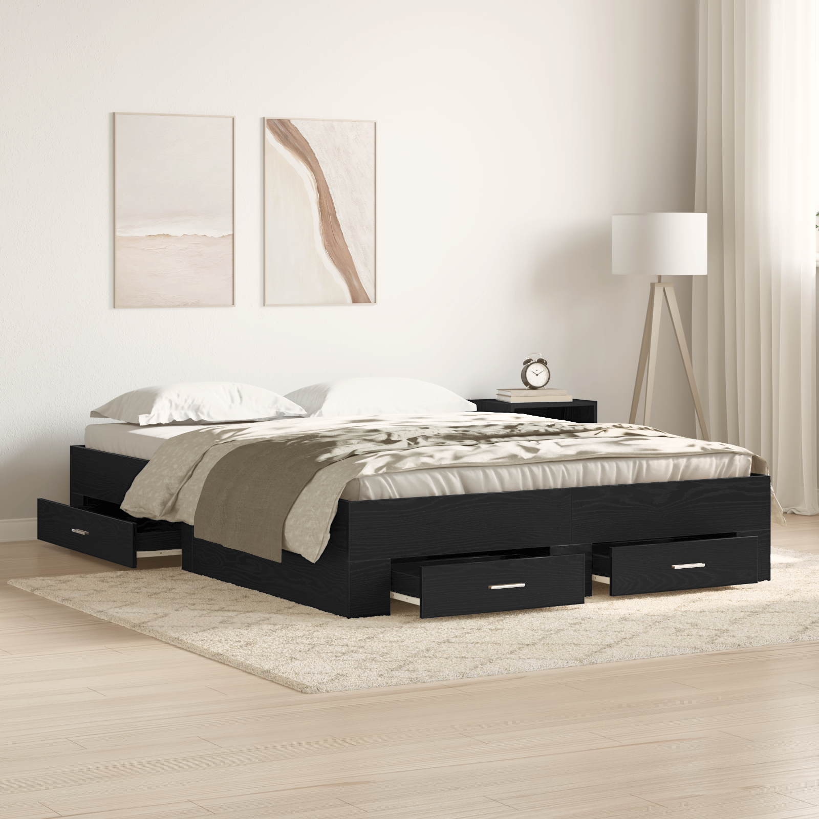 Struttura Letto con Cassetti Rovere Nero Legno ingegnerizzato