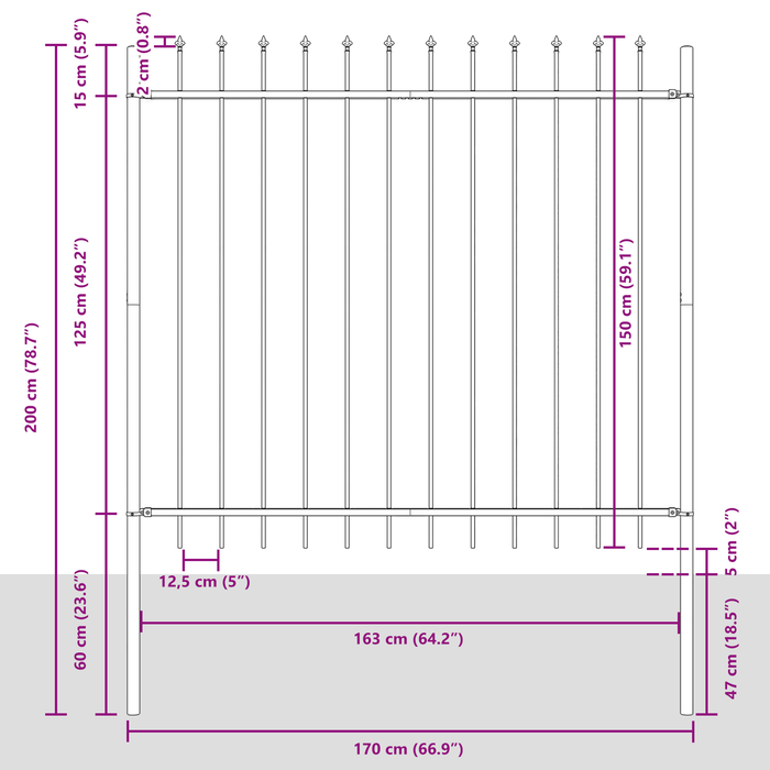 Recinzione da Giardino  con Punta a Lancia Grigia 8,5x1,5 m in Acciaio