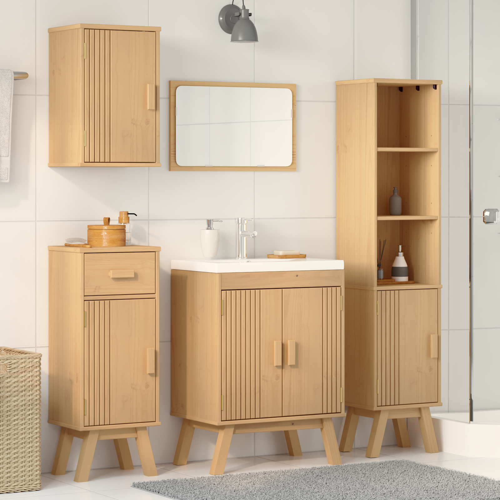 Set di mobili per il bagno in legno massello di pino, 4 pezzi