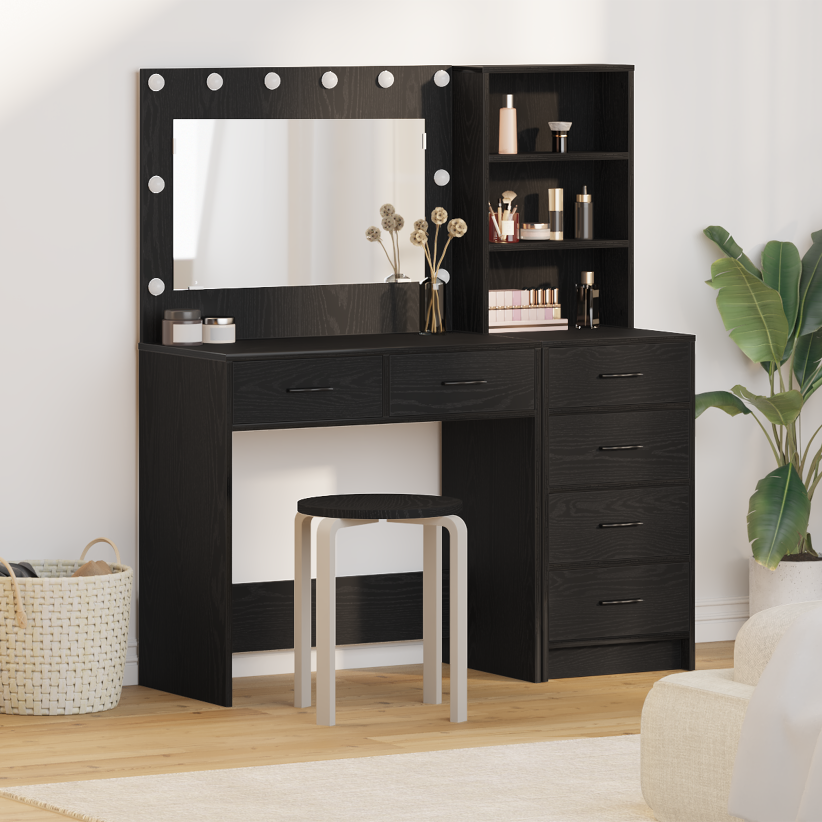 Set da toeletta a 2 pezzi con LED in legno ingegnerizzato nero