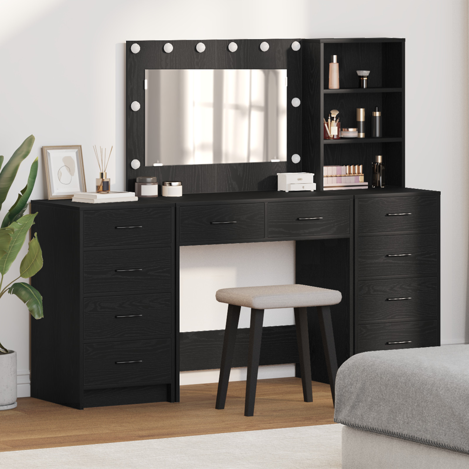 Set di Toilette da 3 Pezzi con Specchio LED in Rovere Nero Legno Ingegnerizzato