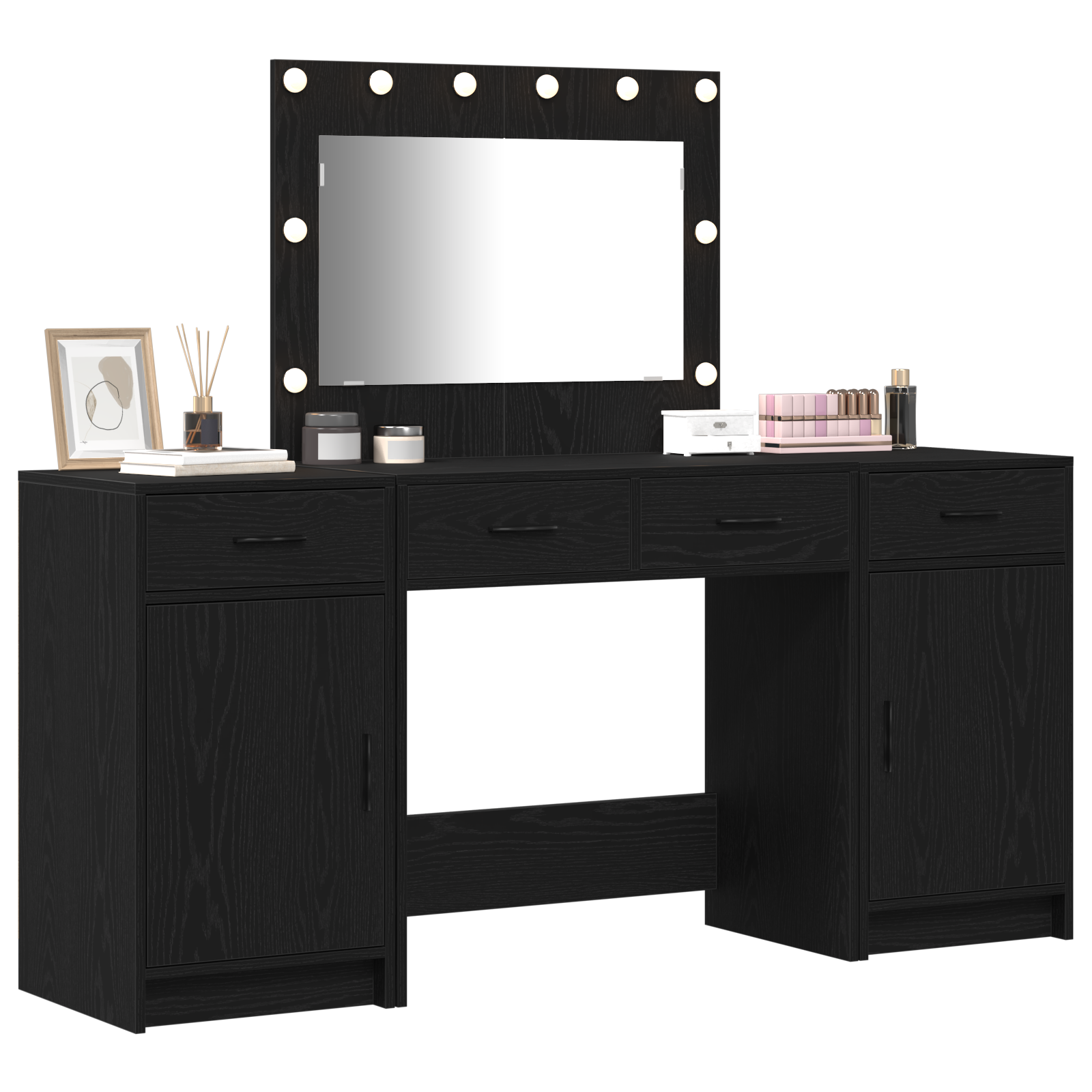 Set da Toeletta in 3 Pezzi con LED in Legno Nero