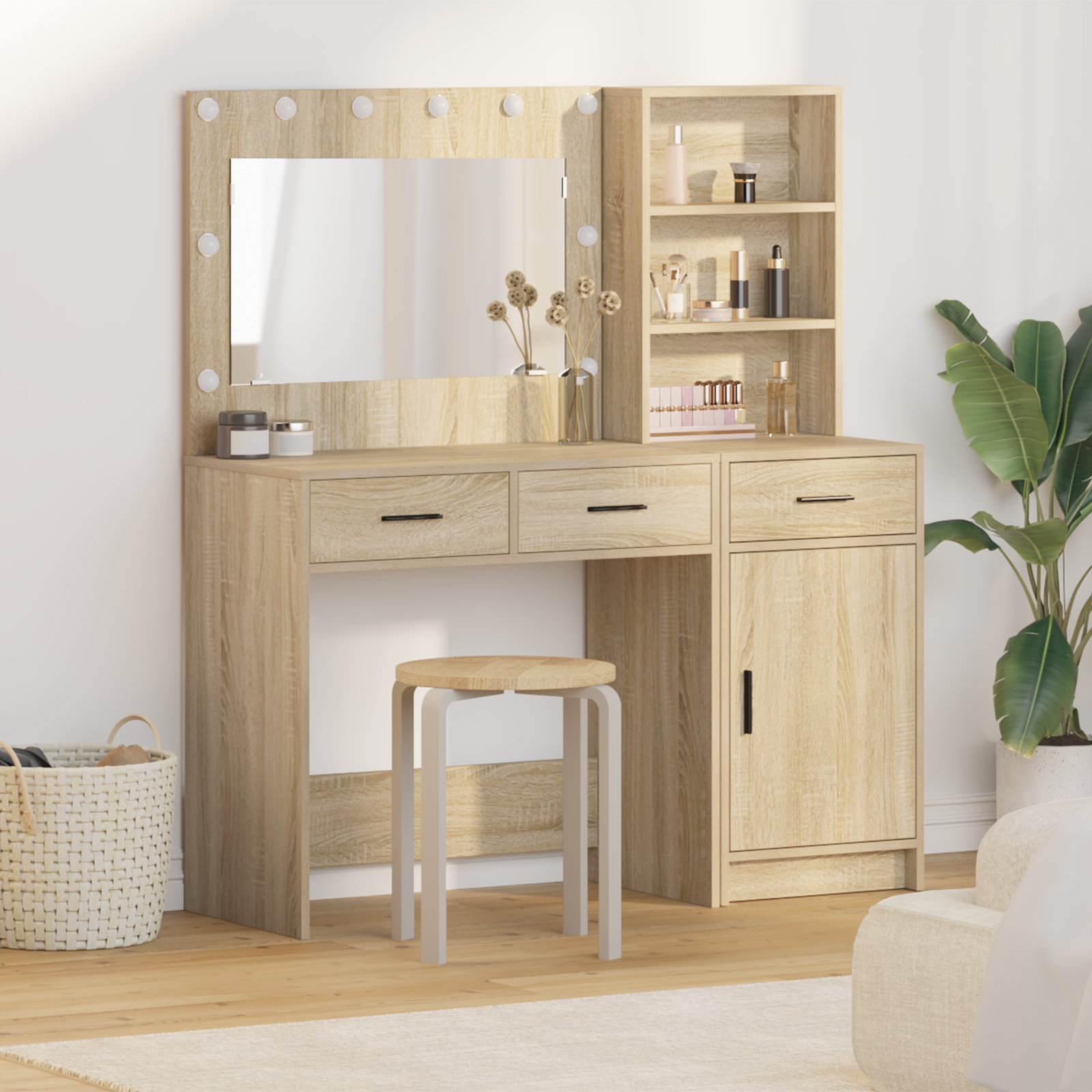 Set di 2 Pezzi di Tavolo Vanity con LED in Legno Ingegnerizzato Rovere