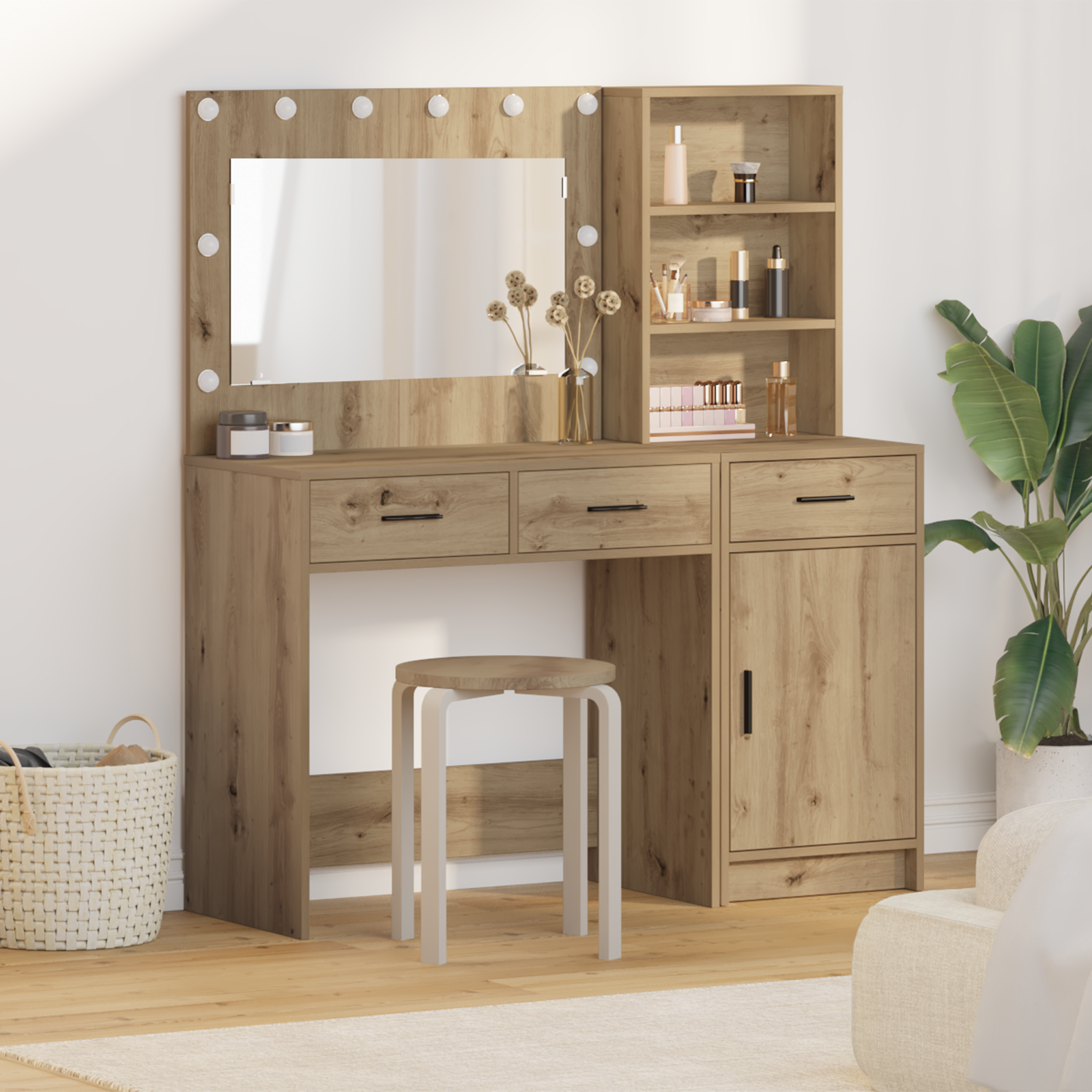 Set di vanity a 2 pezzi con LED in legno ingegnerizzato rovere