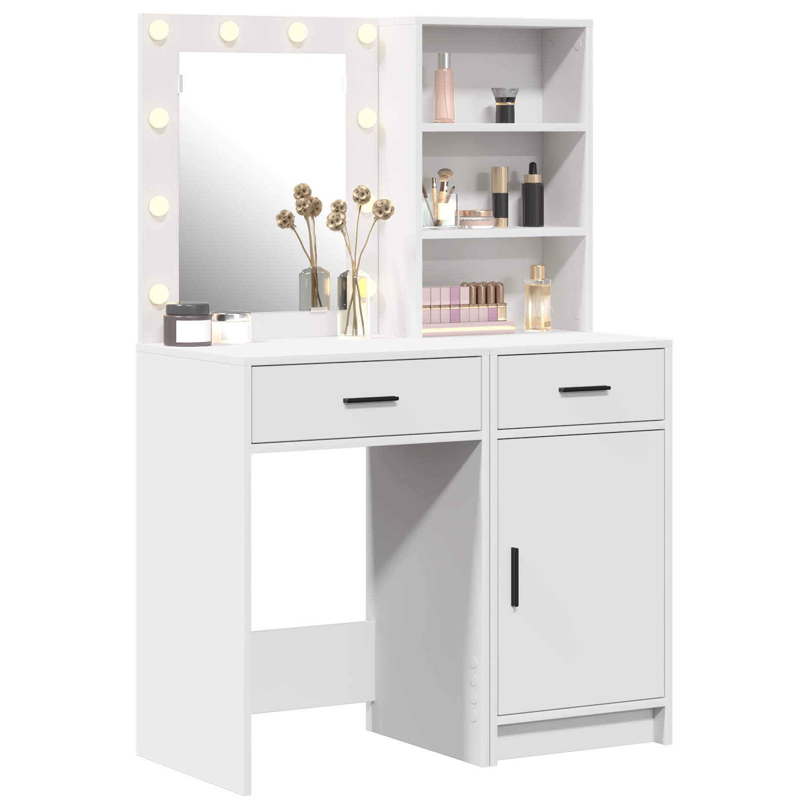 Set da Due Pezzi per Tavolo da Trucco con LED in Legno Bianco