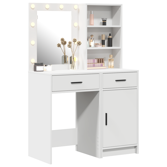 Set da Due Pezzi per Tavolo da Trucco con LED in Legno Bianco
